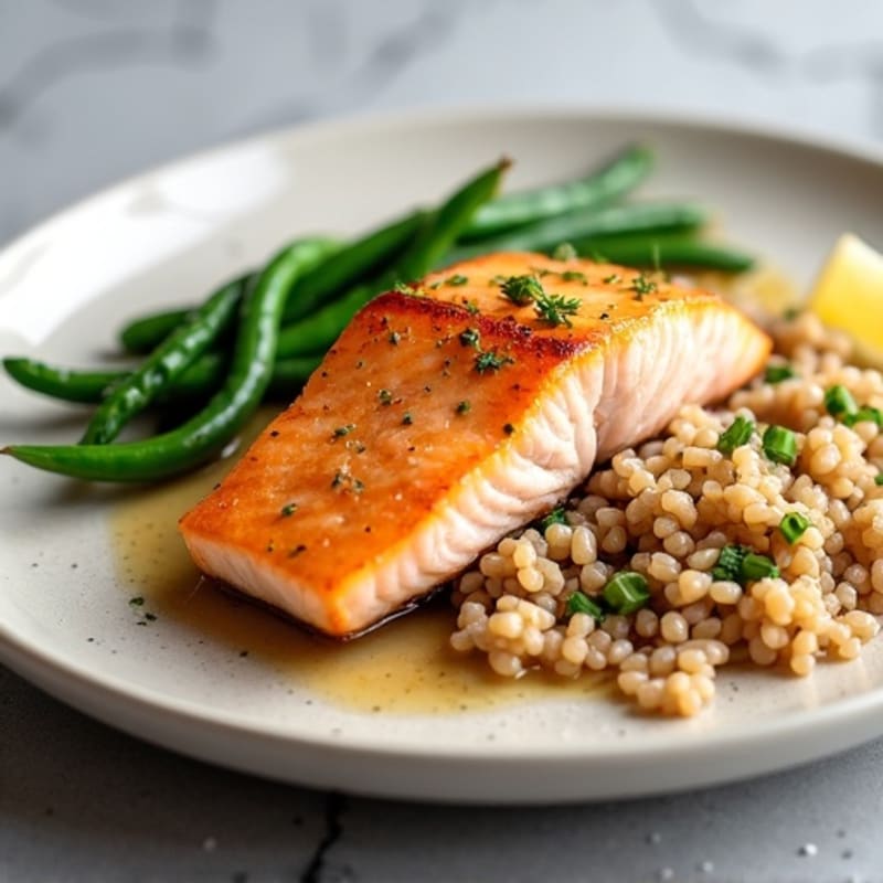 Seared Salmon Fillet with Steamed Green Beans and Brown Rice