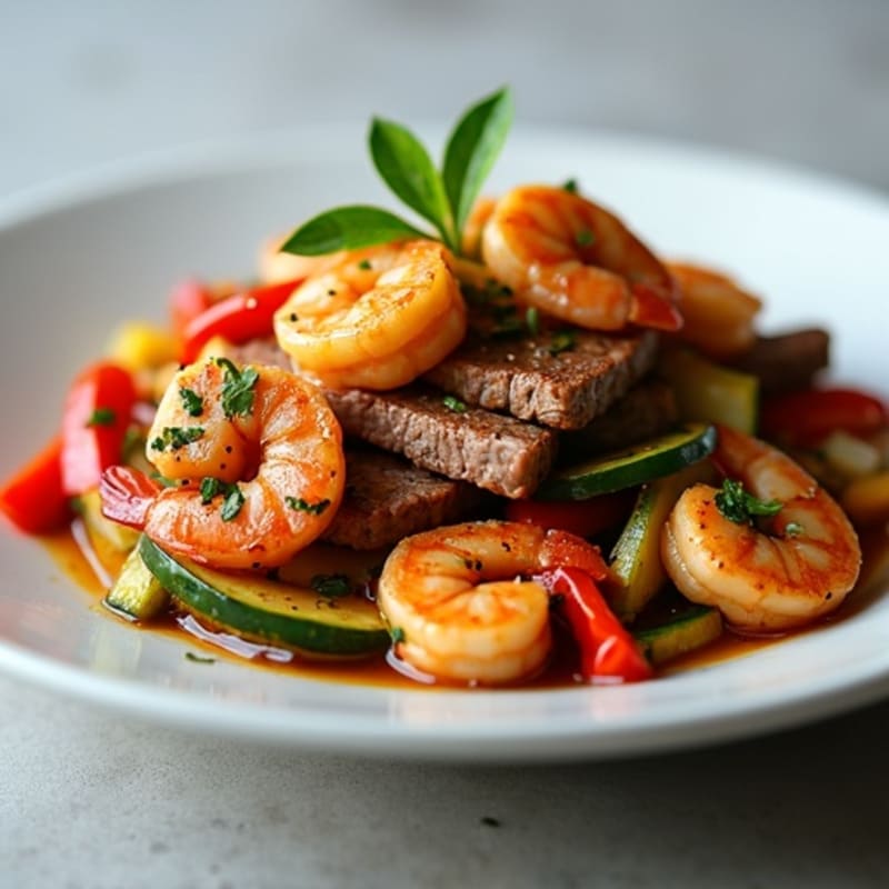 Ginger-Garlic Steak and Shrimp with Sizzling Vegetables
