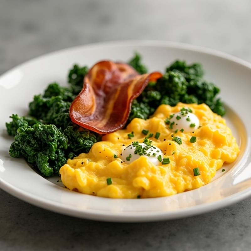 Scrambled Eggs with Sautéed Spinach and Turkey Bacon