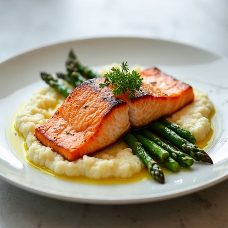 Seared Salmon with Roasted Asparagus and Cauliflower Mash
