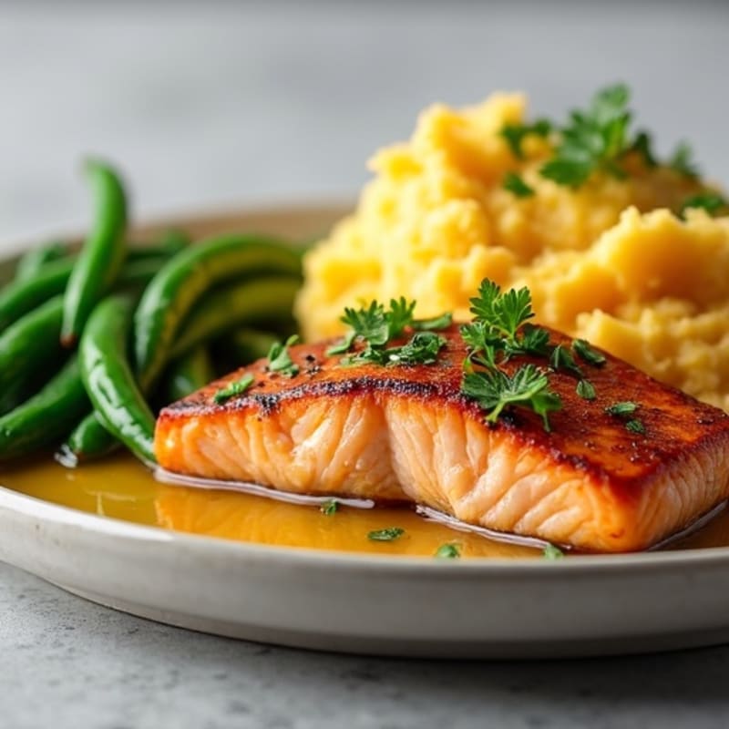Seared Salmon with Garlic Green Beans and Mashed Sweet Potato