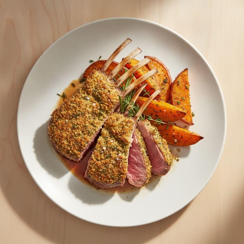 Herb-Crusted Lamb Rack with Roasted Sweet Potatoes
