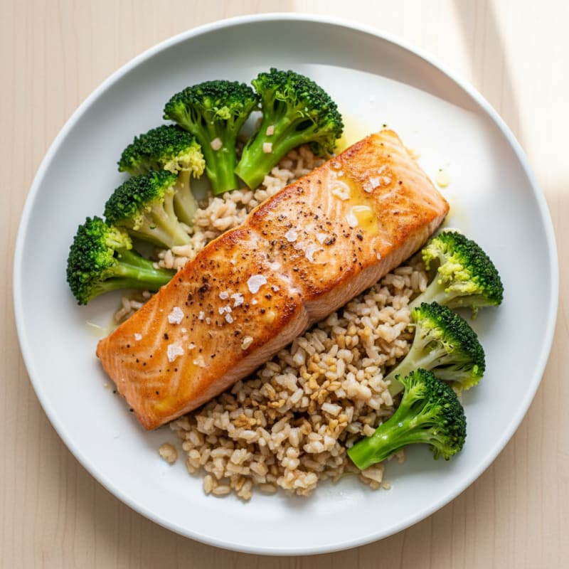 Seared Salmon with Steamed Broccoli and Garlic Brown Rice