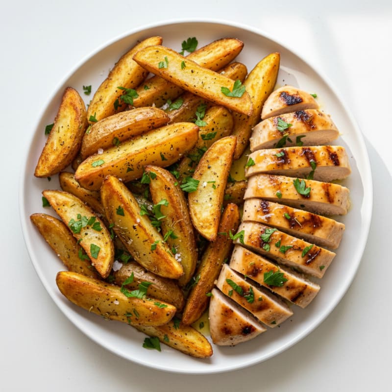 Crispy Golden Garlic Herb Fries with Lemon-Herb Grilled Chicken