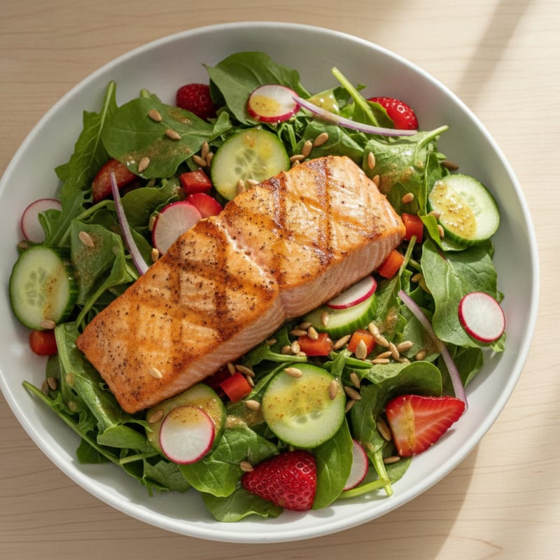 Grilled Salmon Salad with Crunchy Vegetables and Sunflower Seeds