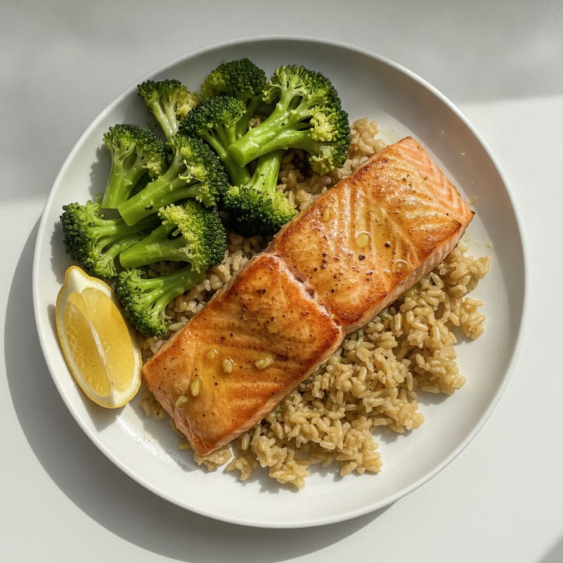Seared Salmon with Steamed Broccoli and Garlic Brown Rice