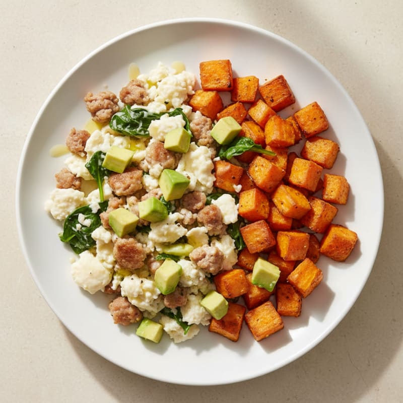 Egg White and Turkey Sausage Scramble with Roasted Sweet Potatoes