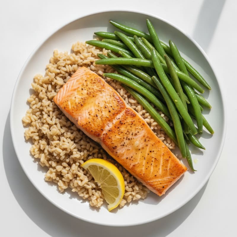 Seared Salmon with Steamed Green Beans and Brown Rice