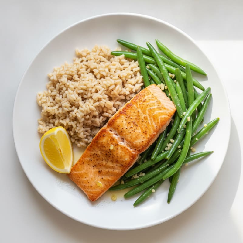 Seared Salmon with Garlic Green Beans and Brown Rice