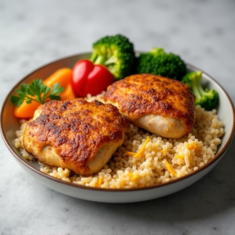 Crispy Pan-Seared Chicken Thighs with Cheesy Rice and Roasted Vegetables