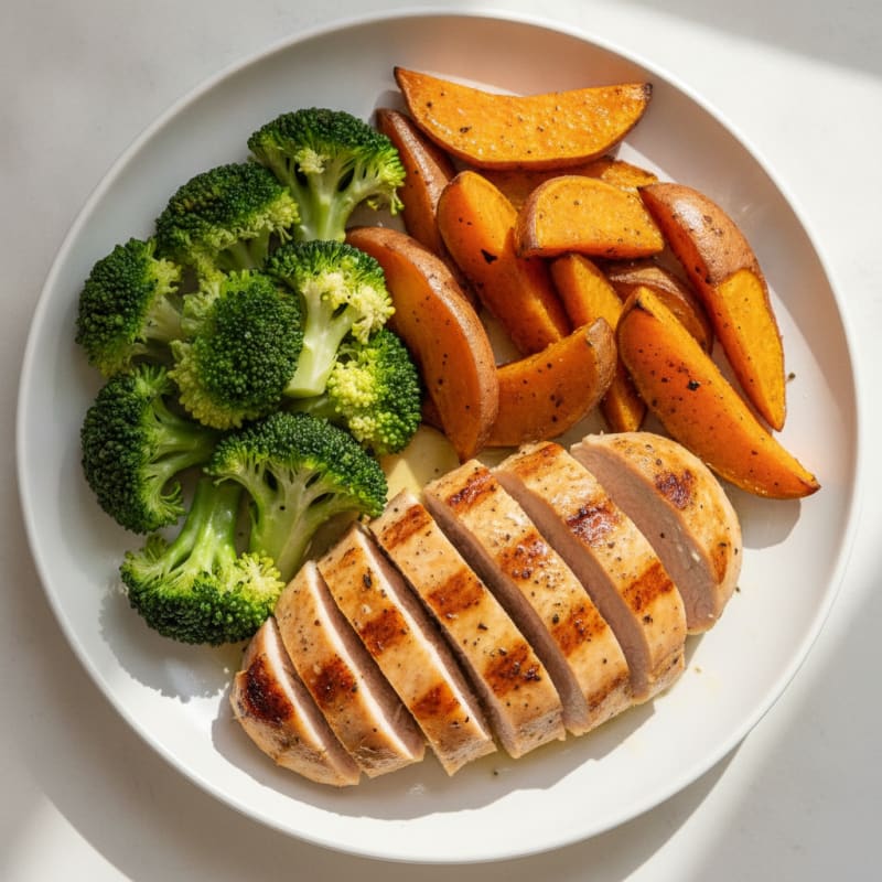 Grilled Turkey Breast with Roasted Sweet Potato and Steamed Broccoli