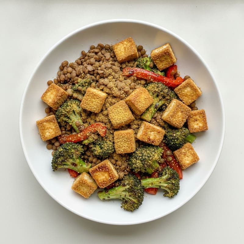 Lentil and Tofu Power Bowl with Roasted Vegetables