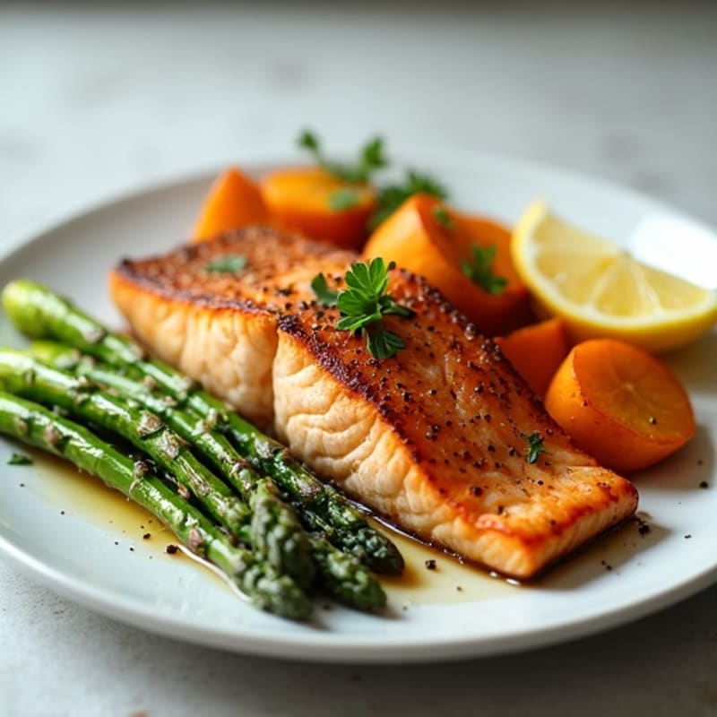 Seared Salmon with Roasted Sweet Potatoes and Asparagus