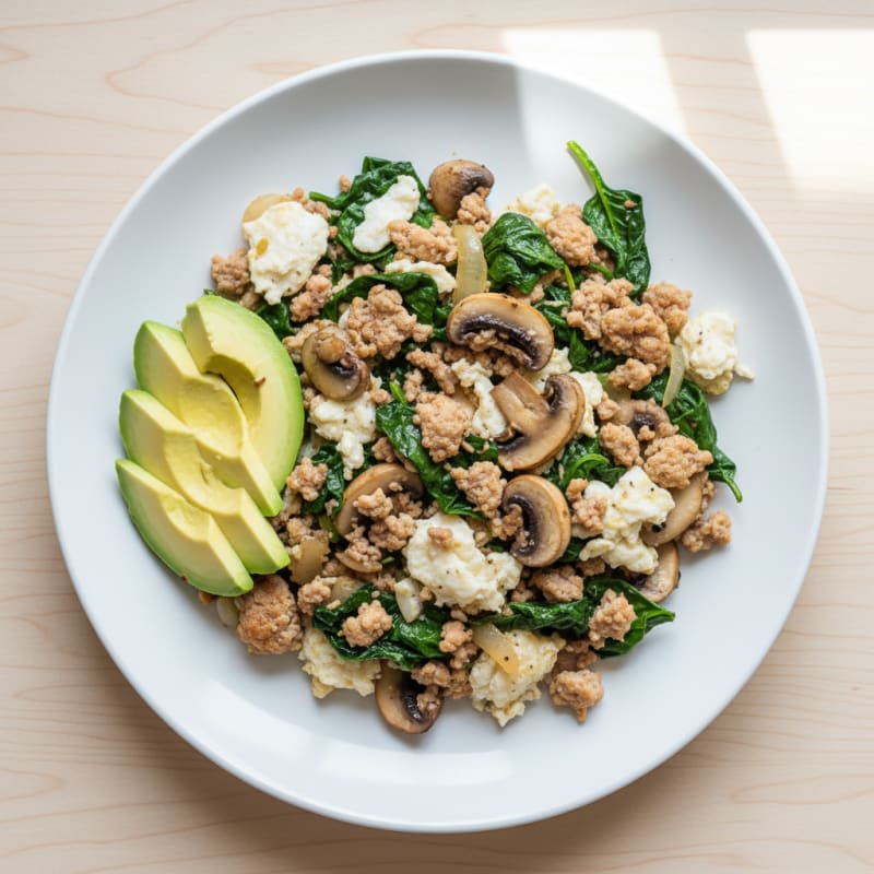 Egg White and Turkey Spinach Scramble with Sautéed Mushrooms