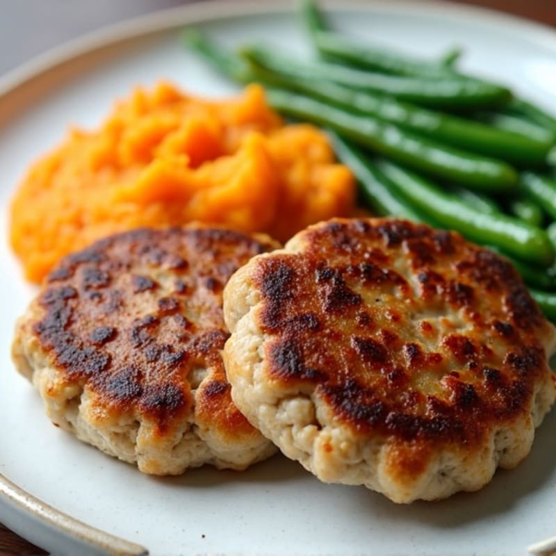 Seared Turkey Patties with Steamed Green Beans and Sweet Potato Mash