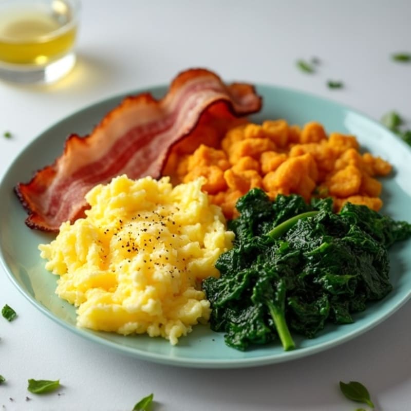 Fluffy Scrambled Eggs with Crispy Turkey Bacon and Sautéed Spinach