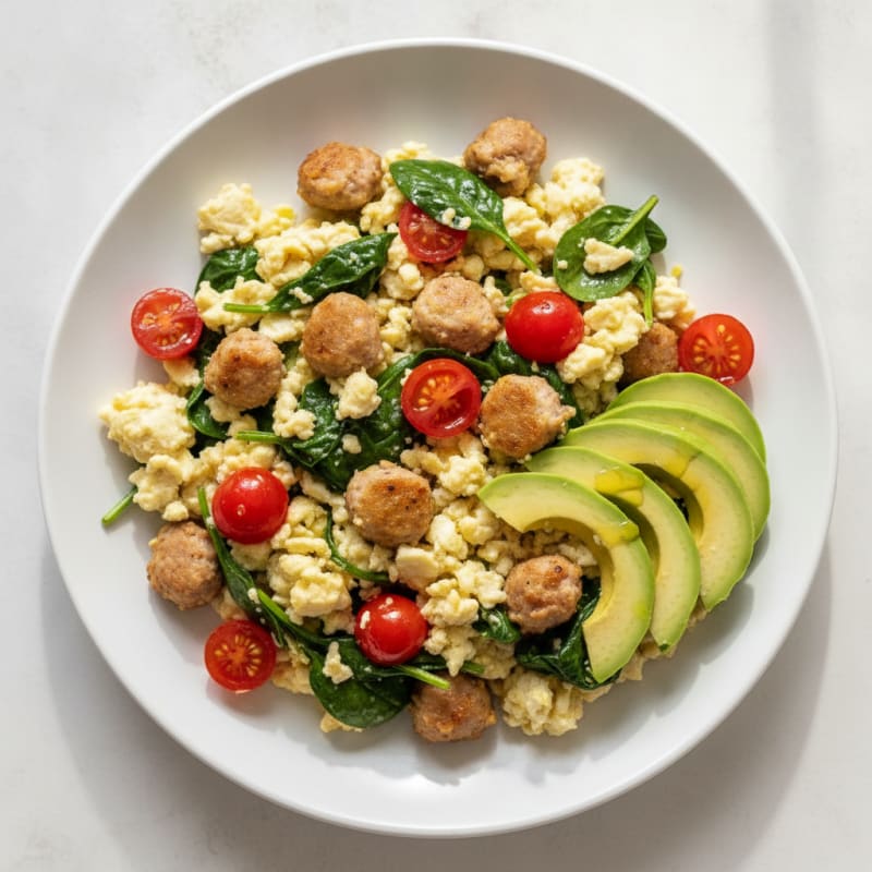 Egg White and Turkey Sausage Scramble with Spinach and Tomatoes