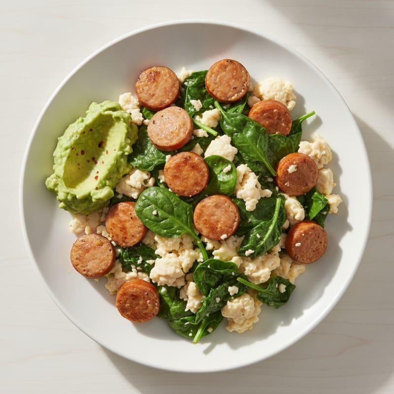 Egg White and Chicken Sausage Scramble with Sautéed Spinach