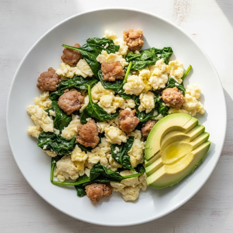 Scrambled Egg Whites with Turkey Sausage and Sautéed Spinach