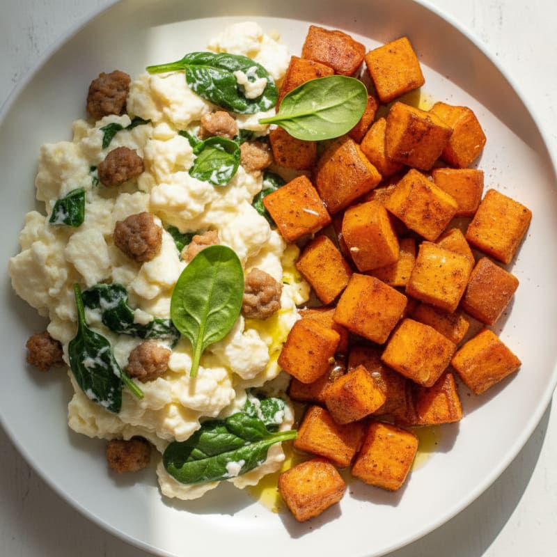 Egg White Scramble with Turkey Sausage and Roasted Sweet Potatoes