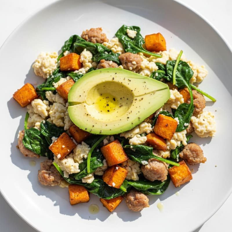Egg White and Turkey Sausage Scramble with Sautéed Spinach and Sweet Potato
