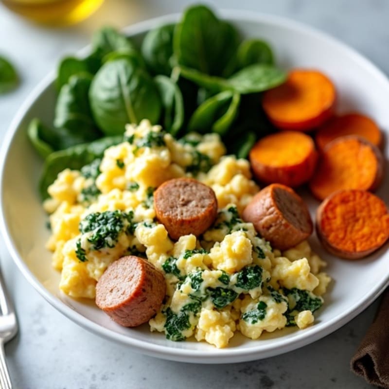 Egg White and Turkey Sausage Scramble with Spinach and Roasted Sweet Potatoes