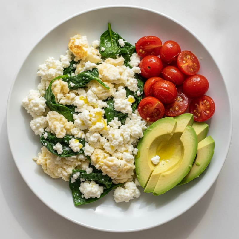 Egg White Spinach Scramble with Cottage Cheese and Cherry Tomatoes