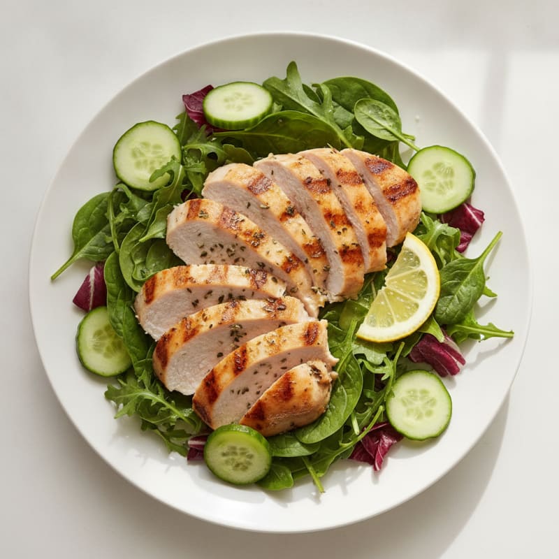 Grilled Turkey Breast over Mixed Greens with Cucumber