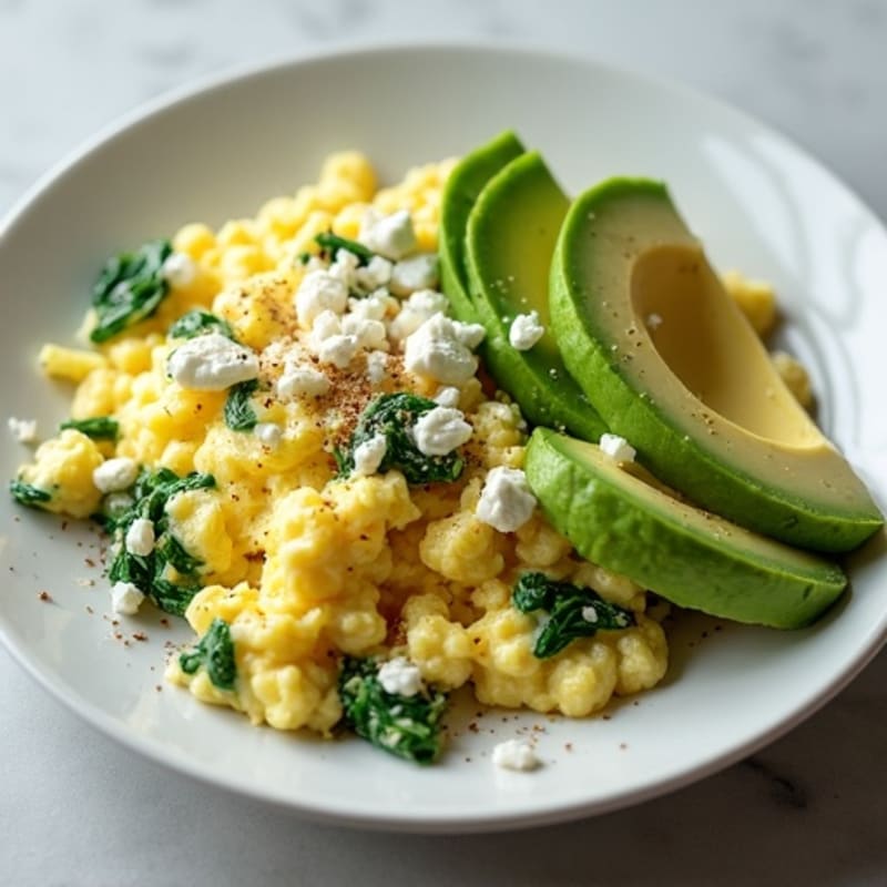 Creamy Scrambled Eggs with Sautéed Spinach and Avocado