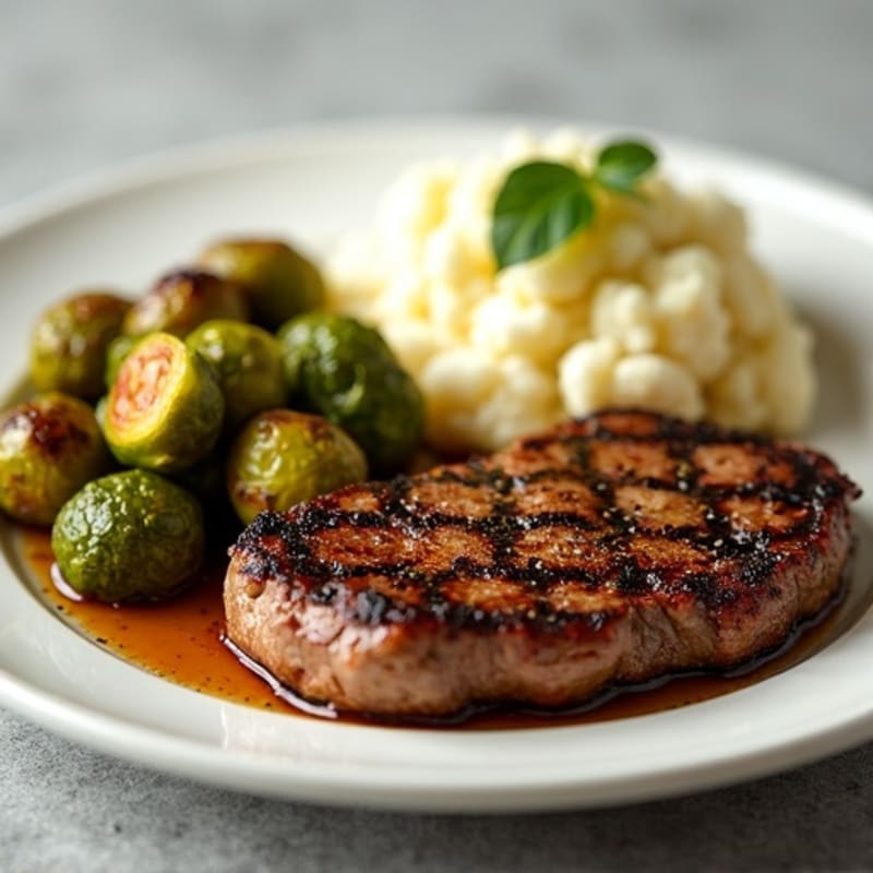 Seared Sirloin Steak with Roasted Brussels Sprouts and Garlic Mashed Cauliflower