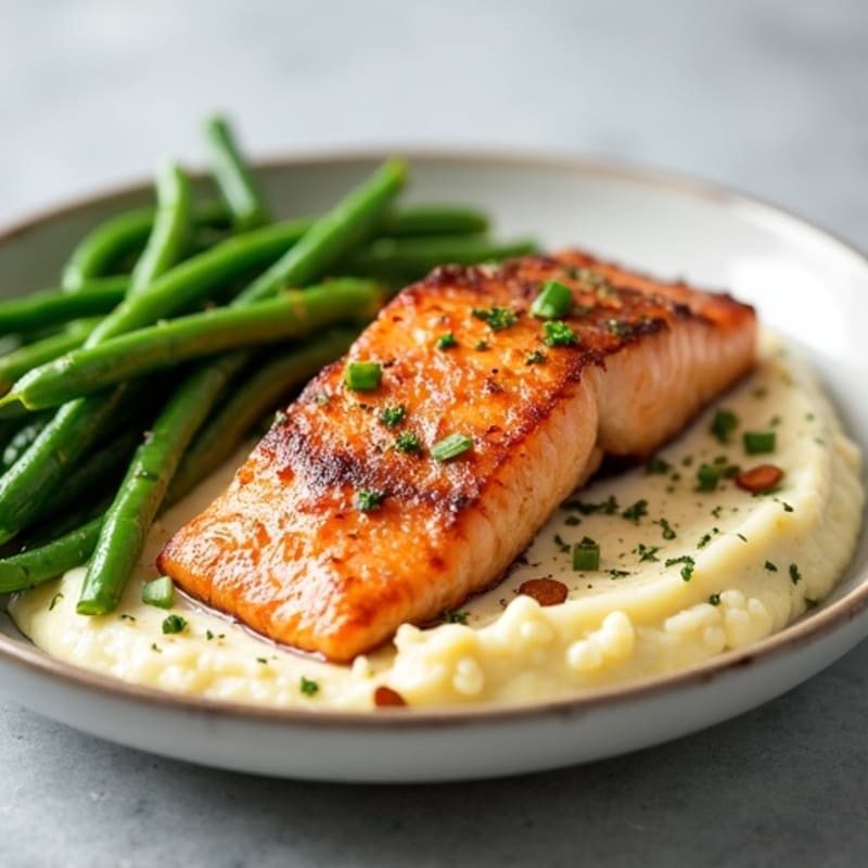 Seared Salmon Fillet with Garlic Green Beans and Cauliflower Mash