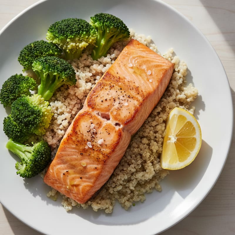 Seared Salmon Fillet with Steamed Broccoli and Quinoa