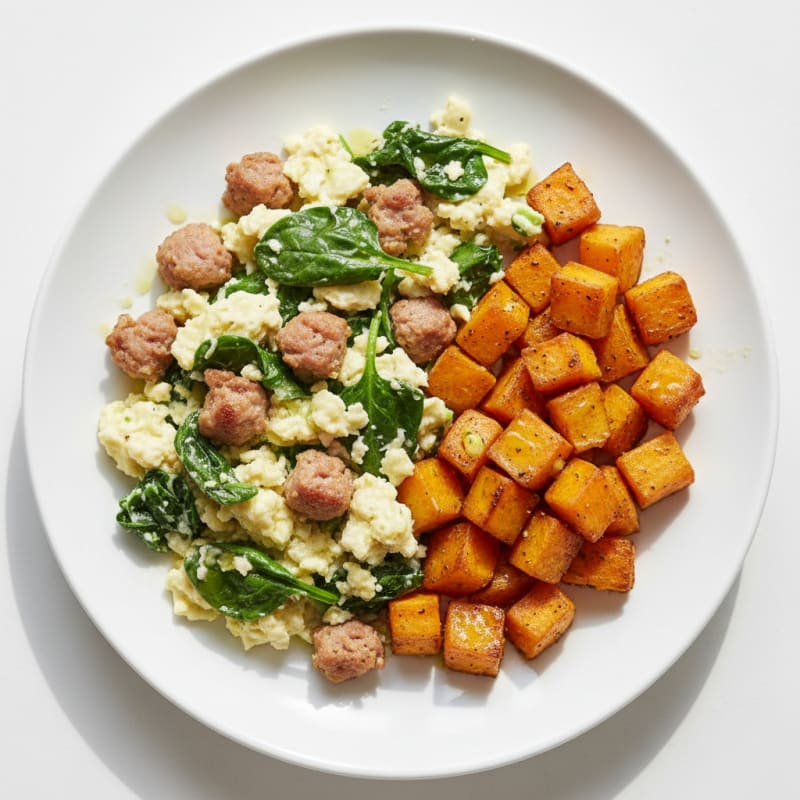 Egg White and Turkey Sausage Scramble with Spinach and Roasted Sweet Potato