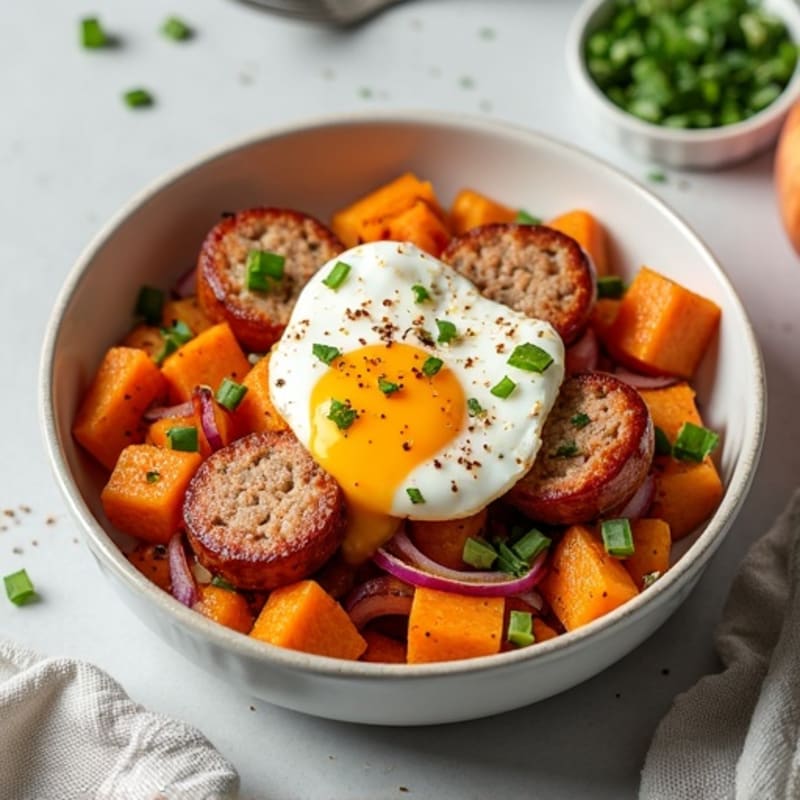 Cinnamon-Spiced Sweet Potato and Apple Hash with Lean Chicken Sausage