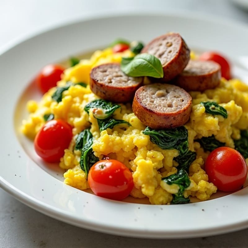 Fluffy Scrambled Eggs with Fresh Spinach, Roasted Cherry Tomatoes, and Turkey Sausage