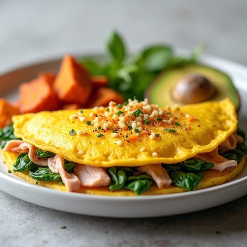 Egg White Omelet with Smoked Turkey, Spinach, and Roasted Sweet Potatoes