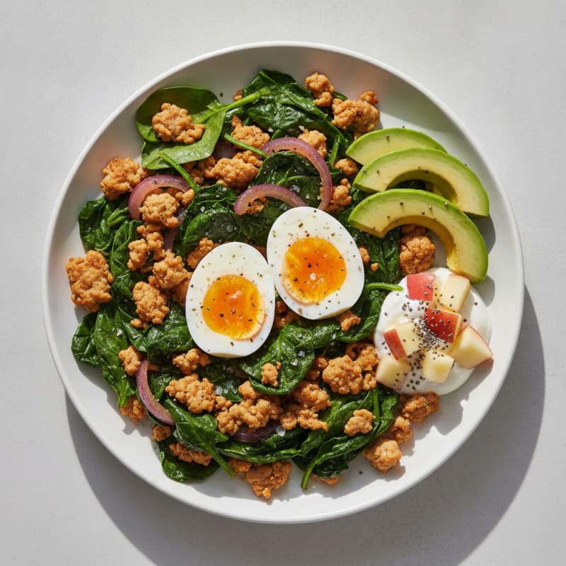 Pan-Seared Eggs and Avocado with Spinach