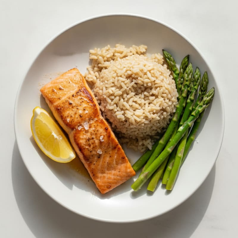 Seared Salmon with Steamed Asparagus and Brown Rice