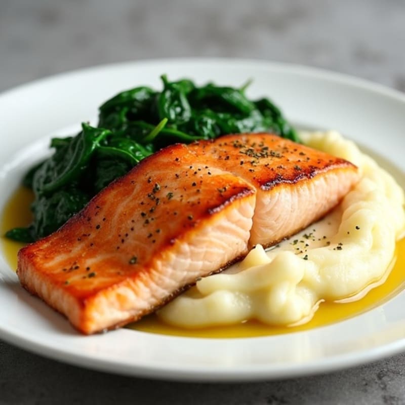 Seared Salmon Filet with Garlic Mashed Potatoes and Sautéed Spinach