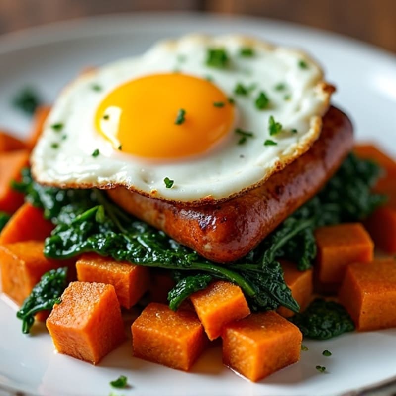 Lean Turkey Sausage and Crispy Sweet Potato Hash with Sautéed Greens and Eggs