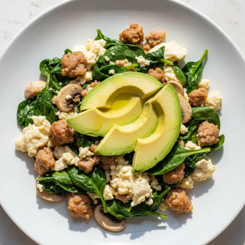 Egg White and Turkey Sausage Scramble with Spinach and Mushrooms