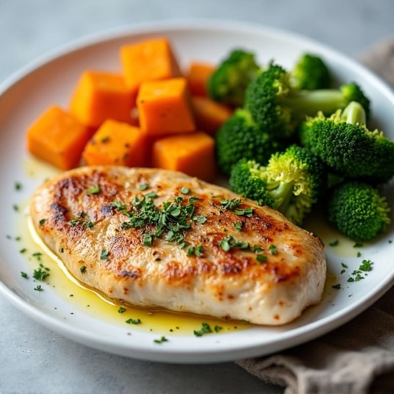 Herb-Roasted Chicken Breast with Crispy Broccoli and Sweet Potatoes