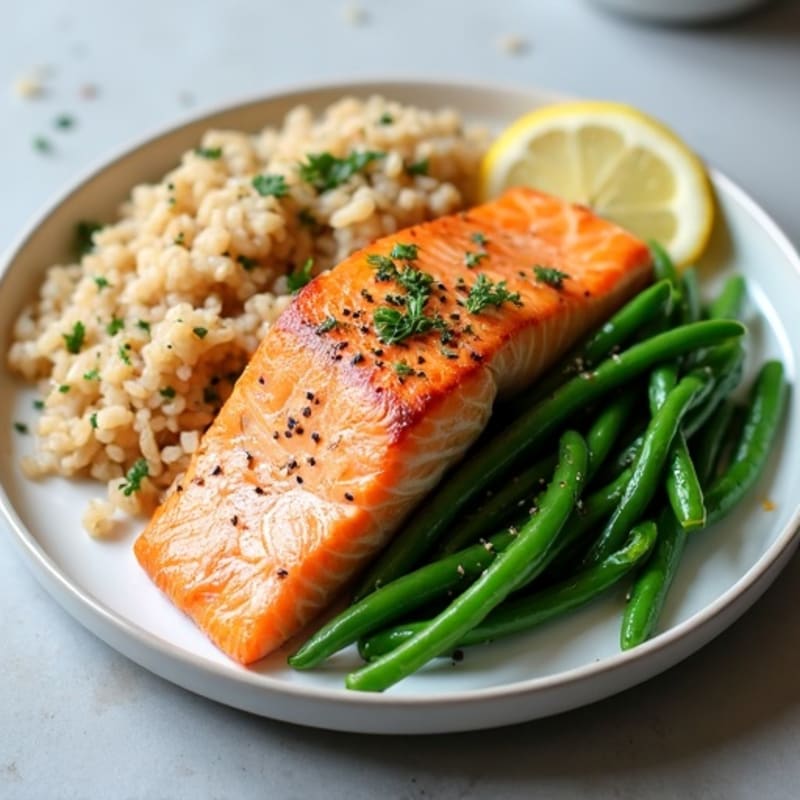 Seared Salmon with Steamed Green Beans and Brown Rice