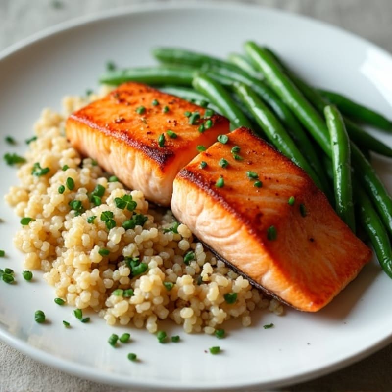Seared Salmon with Garlic Green Beans and Quinoa
