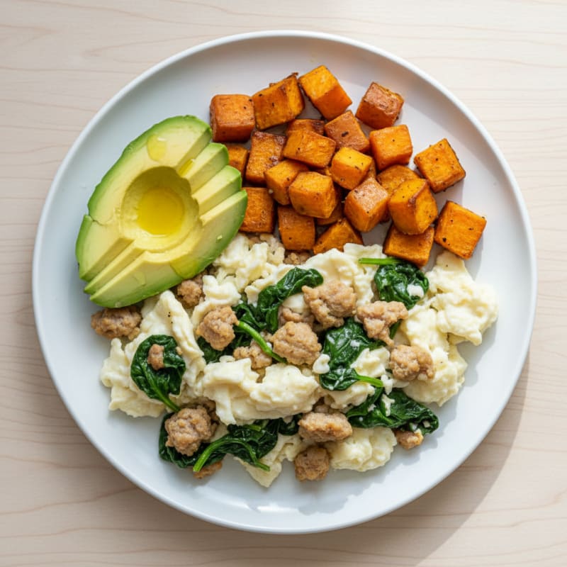 Egg White and Turkey Sausage Scramble with Sautéed Spinach