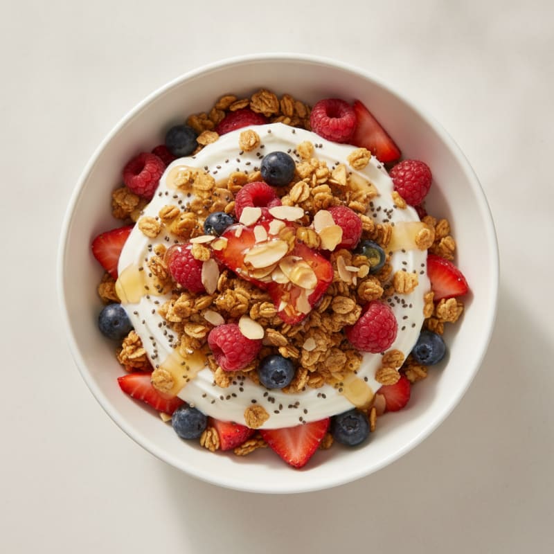 Greek Yogurt Parfait with Crunchy Almond Granola and Mixed Berries