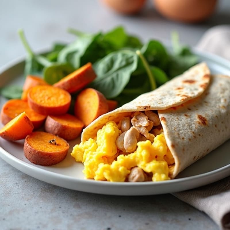 Fluffy Scrambled Egg and Lean Turkey Burrito with Crispy Sweet Potatoes and Spinach