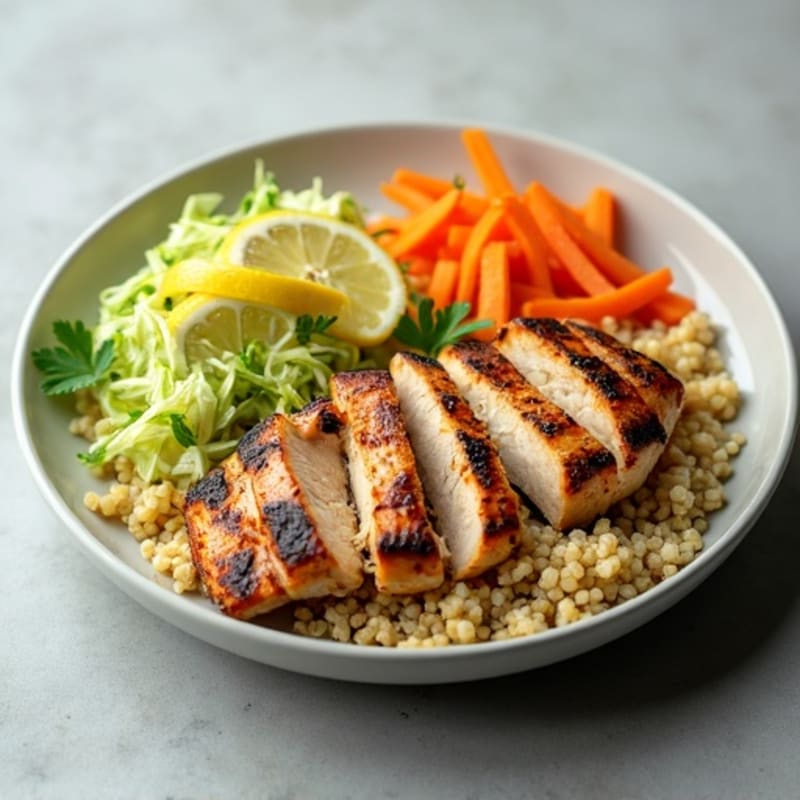 Grilled Chicken Breast with Crunchy Cabbage Slaw and Quinoa
