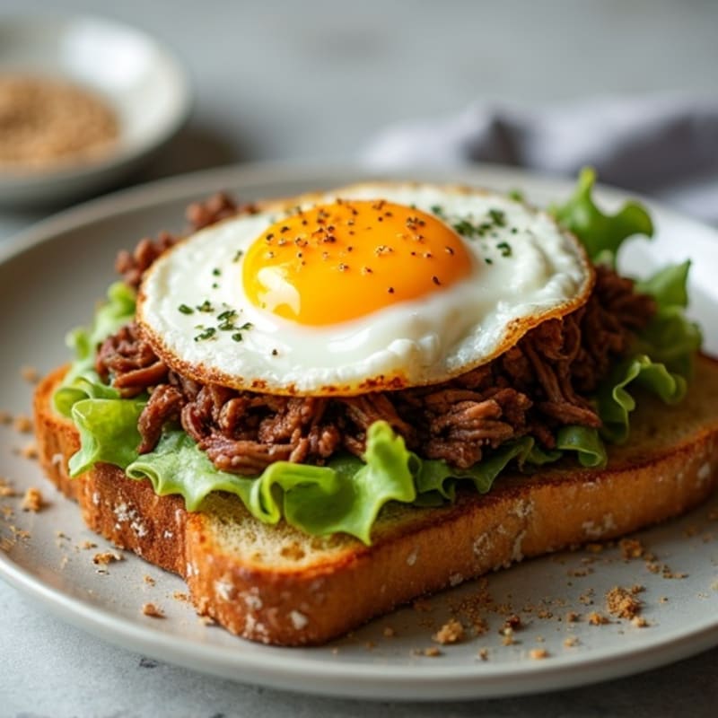 Shredded Beef and Crispy Cabbage Toast with a Creamy Fried Egg