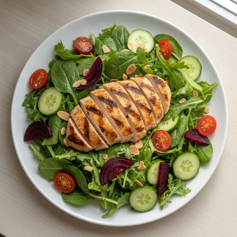 Grilled Chicken Breast Salad with Mixed Greens, Tomatoes, Cucumbers, and Pickled Beets